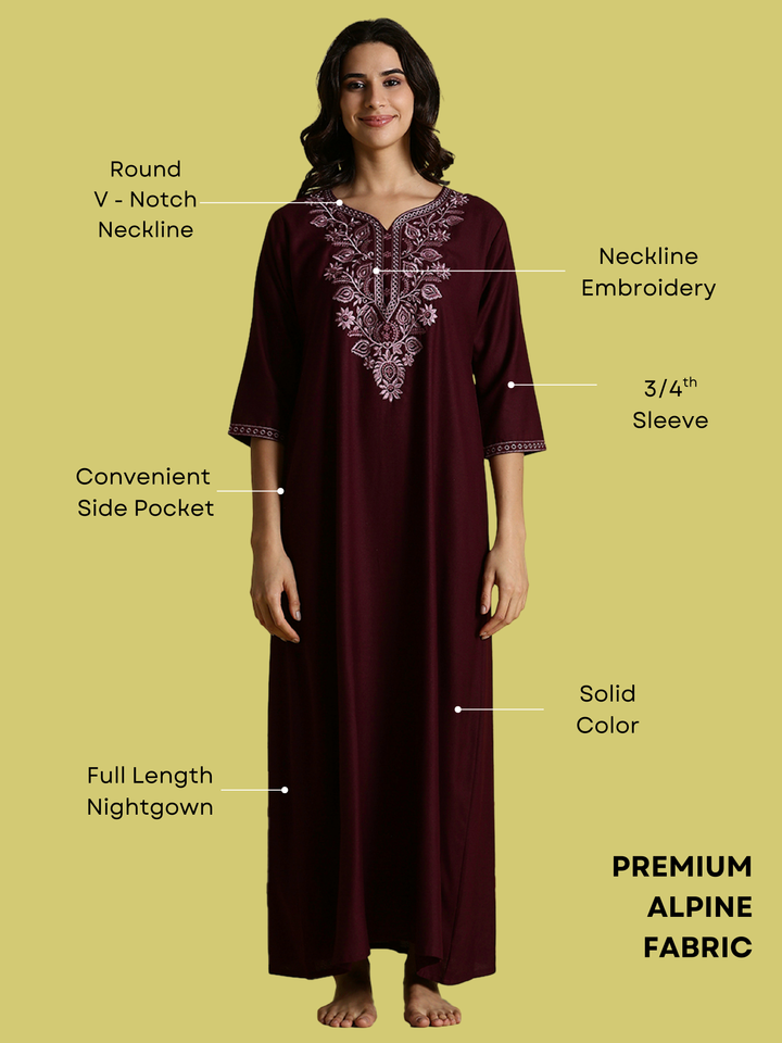 Wine Red Embroidered Women's Nighty with Pocket