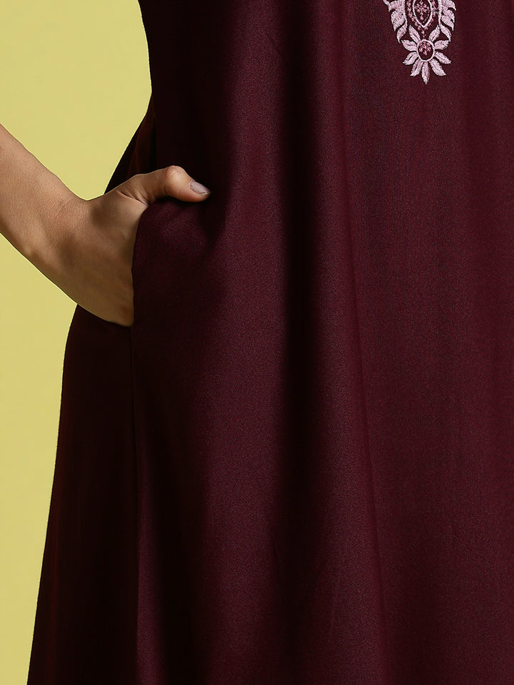 Wine Red Embroidered Women's Nighty with Pocket
