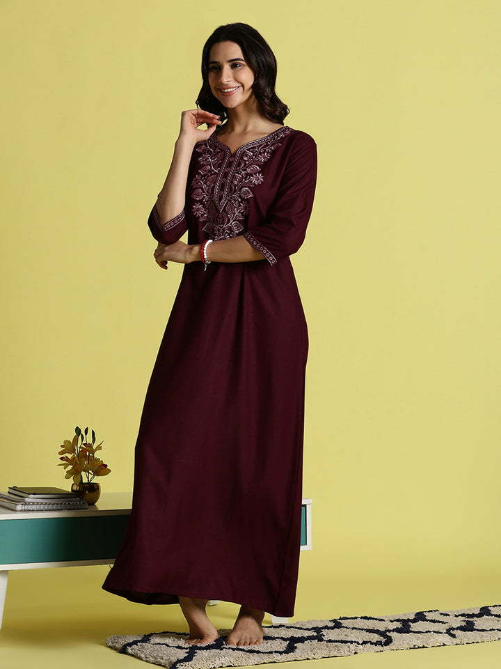 Wine Red Embroidered Women's Nighty with Pocket