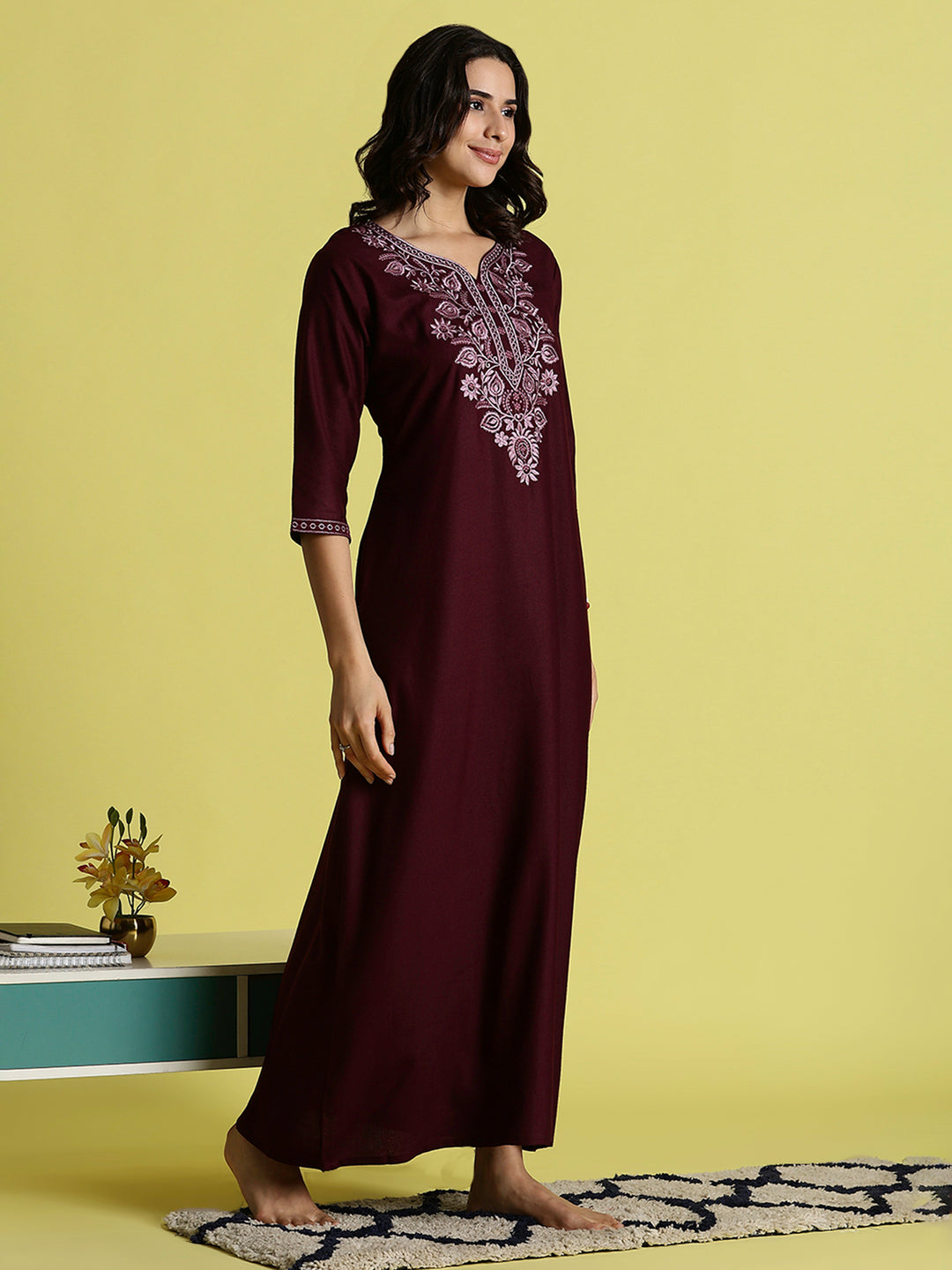 Wine Red Embroidered Women's Nighty with Pocket