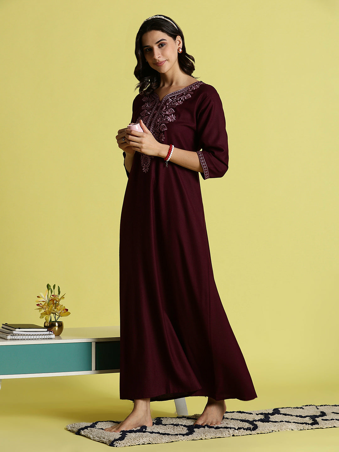 Wine Red Embroidered Women's Nighty with Pocket