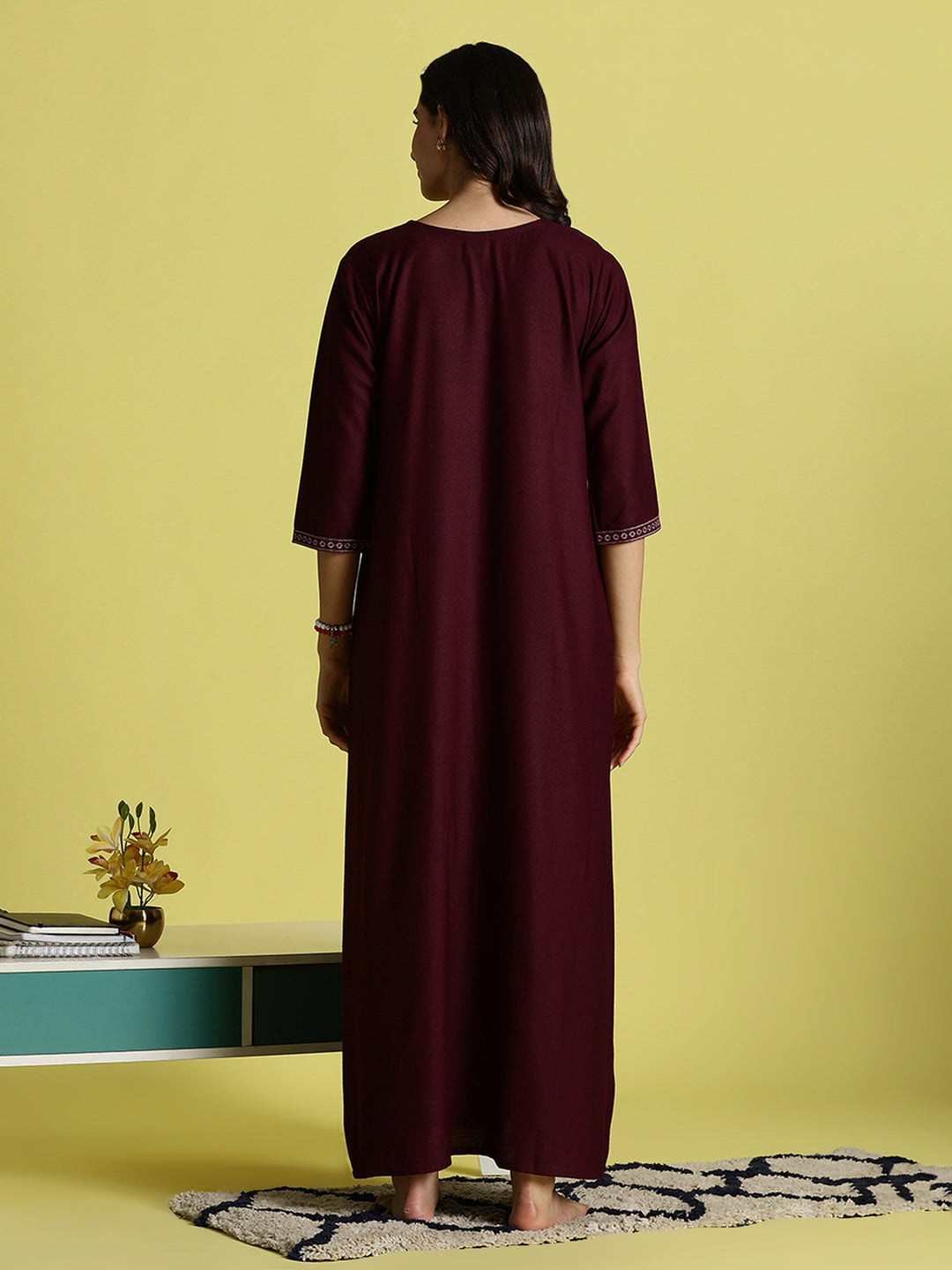 Wine Red Embroidered Women's Nighty with Pocket