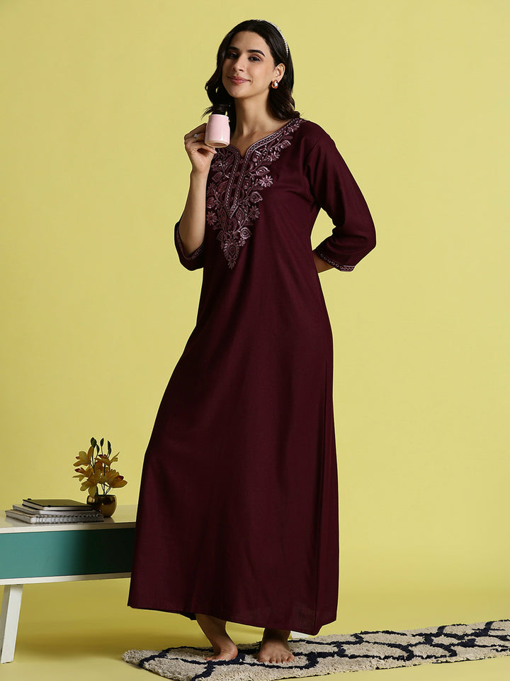 Wine Red Embroidered Women's Nighty with Pocket