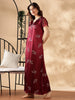 Satin Nighty for Women in Rosy Wine with Elegant Floral Print and Lace