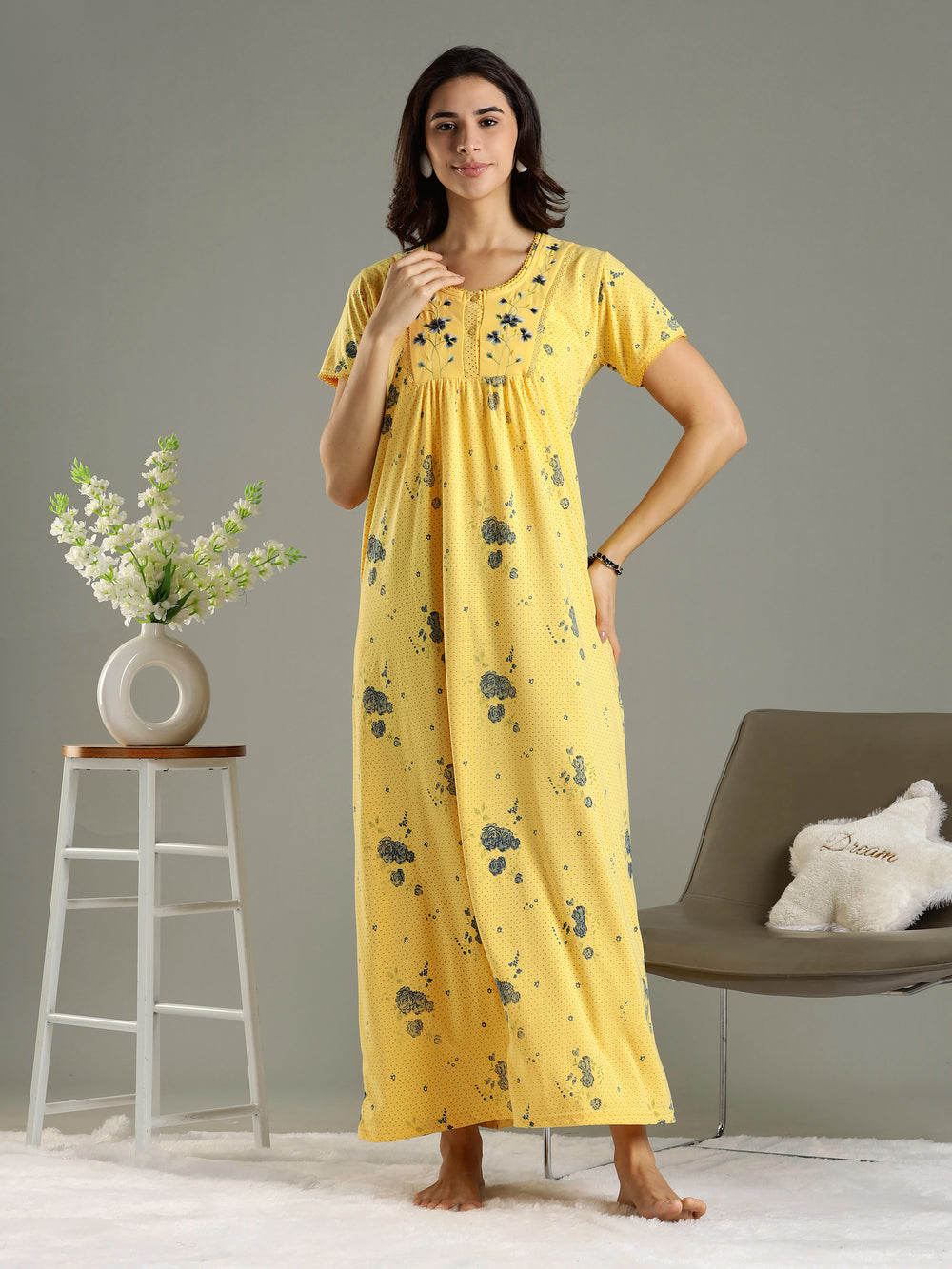 Honey Yellow Branded Cotton Blend Designer Nighty For Women