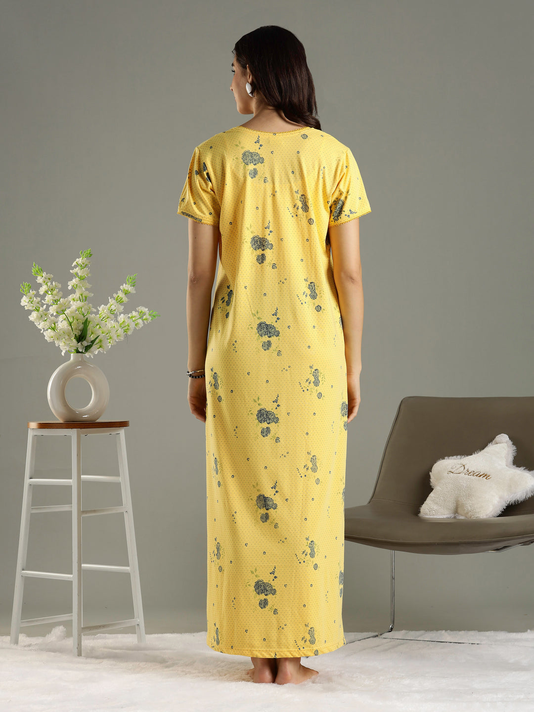 Honey Yellow Branded Cotton Blend Designer Nighty For Women