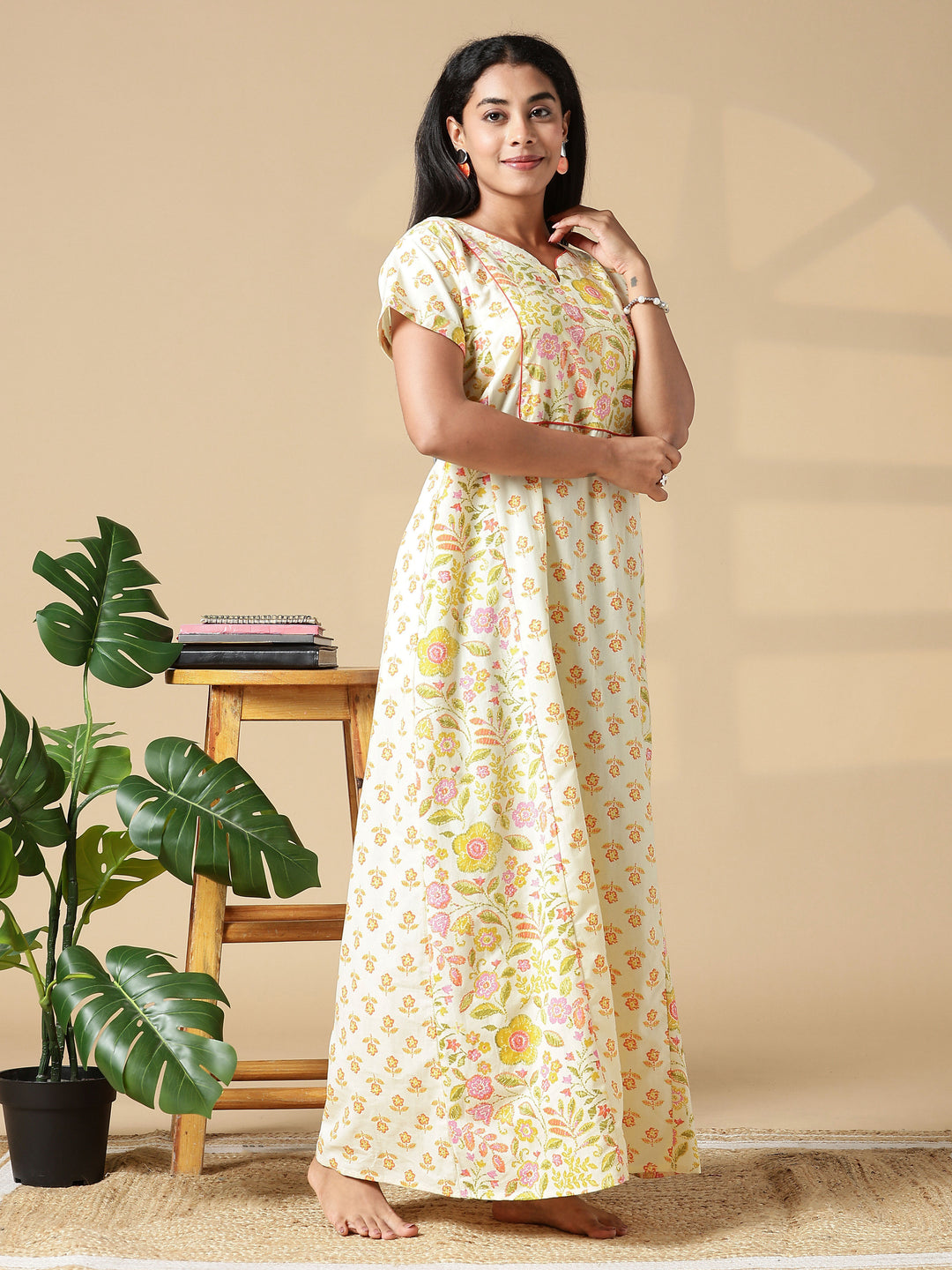 Yellow Floral Jaipuri Pure Cotton Nighty with Pocket