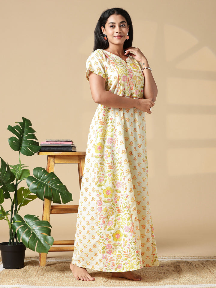 Yellow Floral Jaipuri Pure Cotton Nighty with Pocket