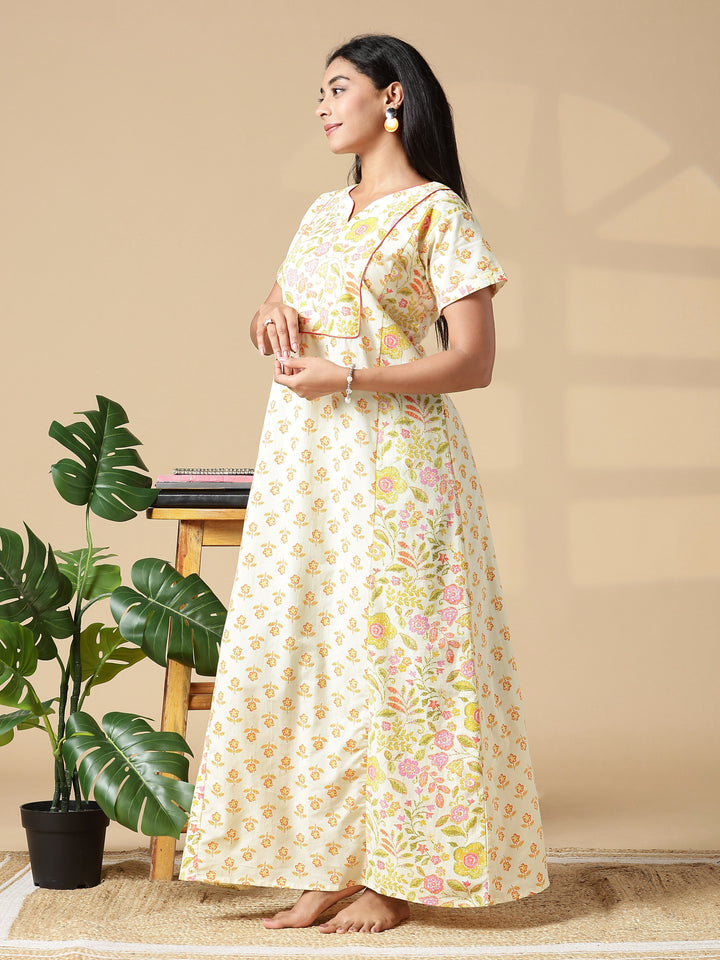 Yellow Floral Jaipuri Pure Cotton Nighty with Pocket