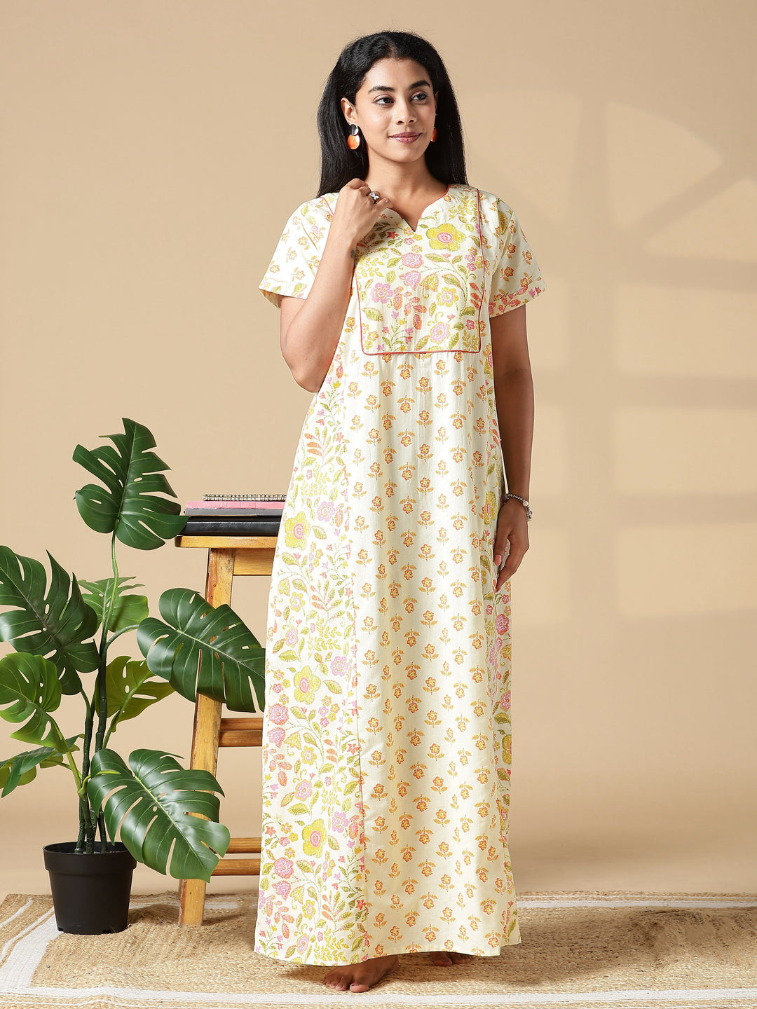 Yellow Floral Jaipuri Pure Cotton Nighty with Pocket