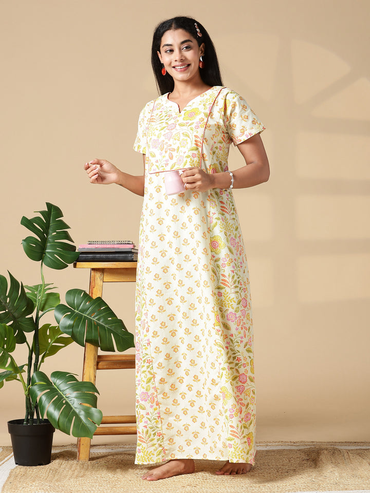 Yellow Floral Jaipuri Pure Cotton Nighty with Pocket