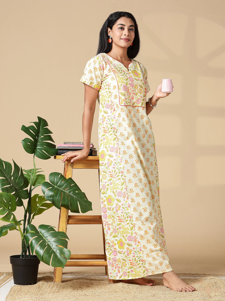 Yellow Floral Jaipuri Pure Cotton Nighty with Pocket