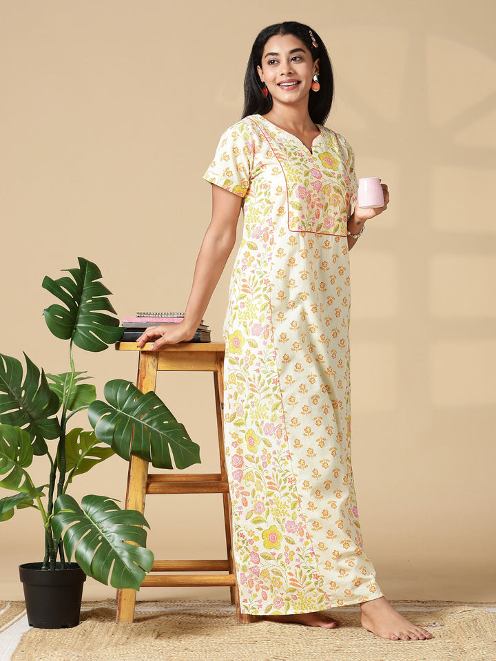 Yellow Floral Jaipuri Pure Cotton Nighty with Pocket