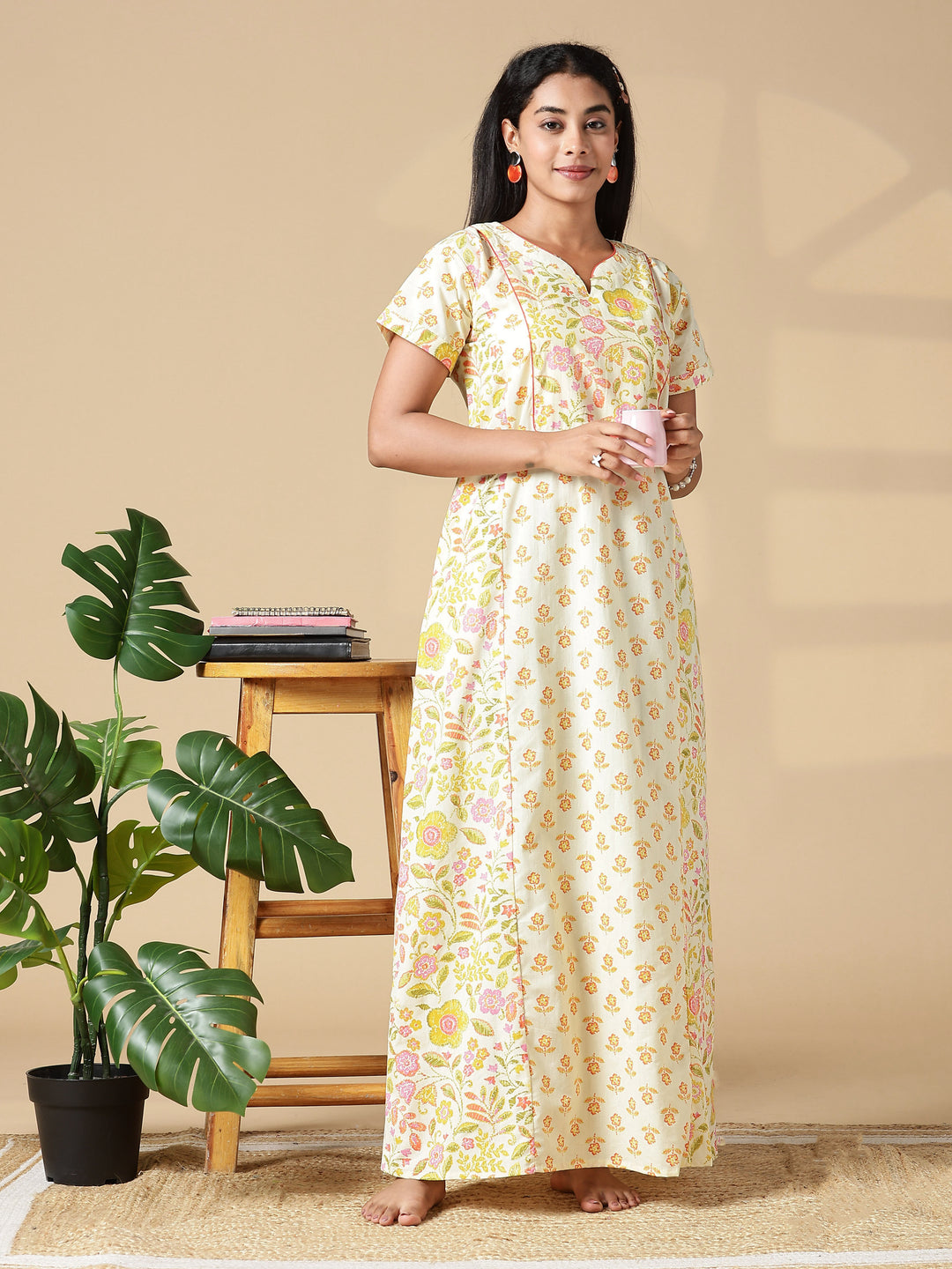 Yellow Floral Jaipuri Pure Cotton Nighty with Pocket