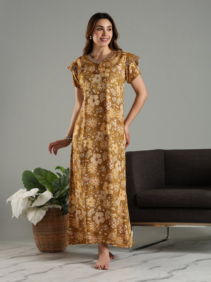 Elegant Yellow Designer Maxi Nighty Dress For Women