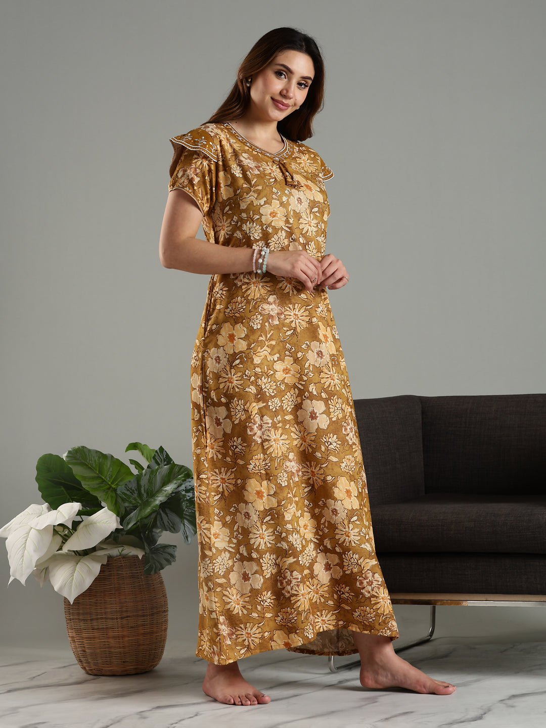 Elegant Yellow Designer Maxi Nighty Dress For Women