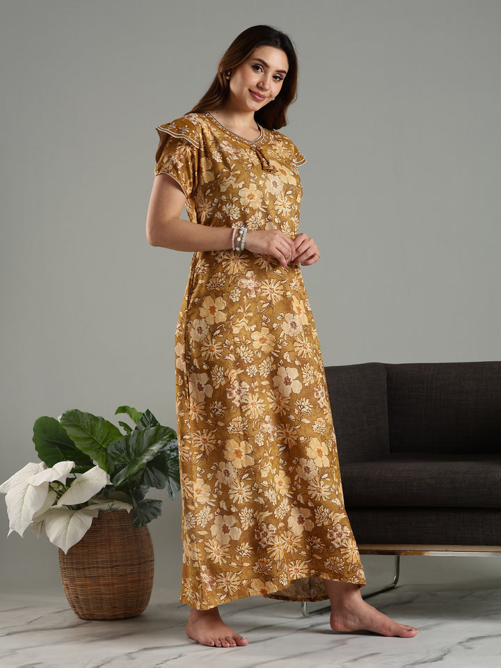 Elegant Yellow Designer Maxi Nighty Dress For Women