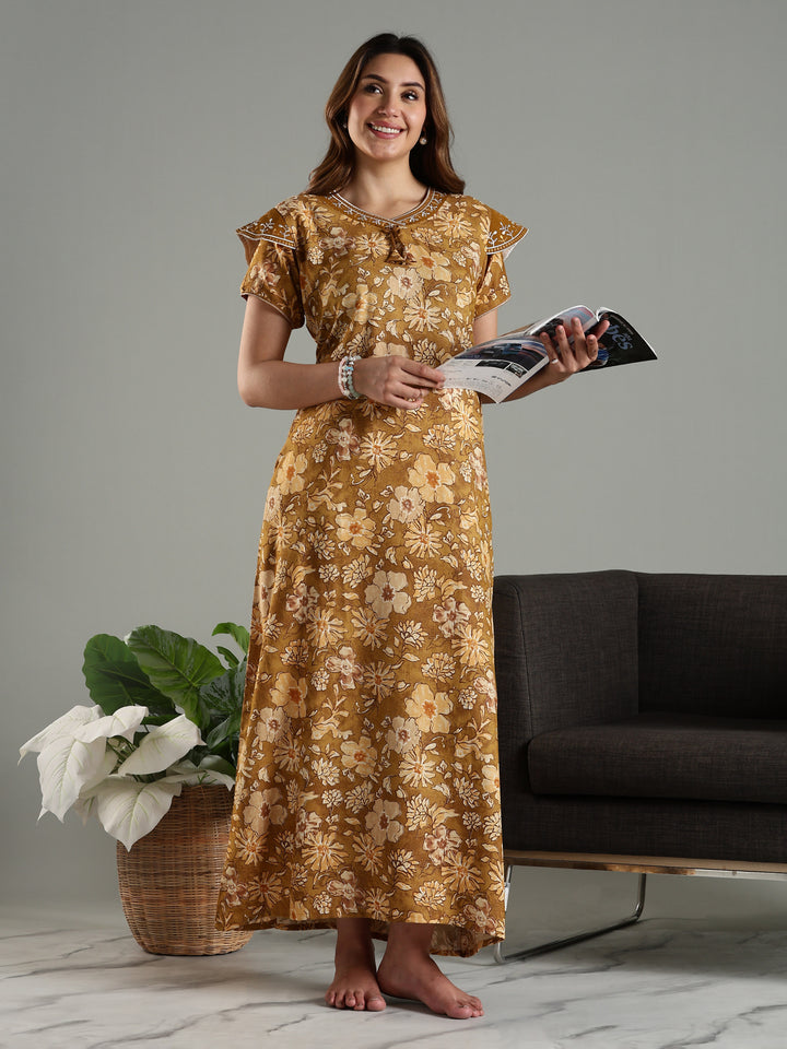 Elegant Yellow Designer Maxi Nighty Dress For Women