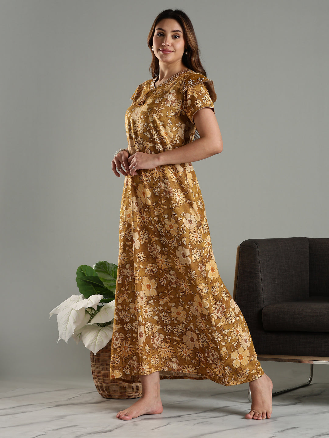 Elegant Yellow Designer Maxi Nighty Dress For Women