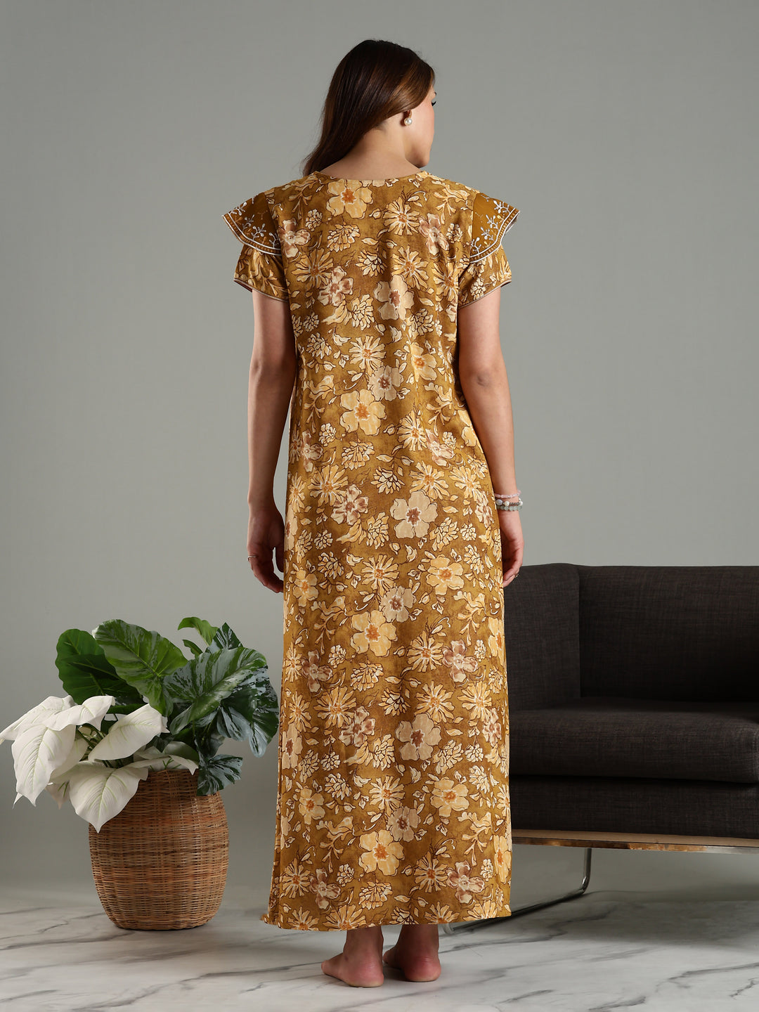 Elegant Yellow Designer Maxi Nighty Dress For Women