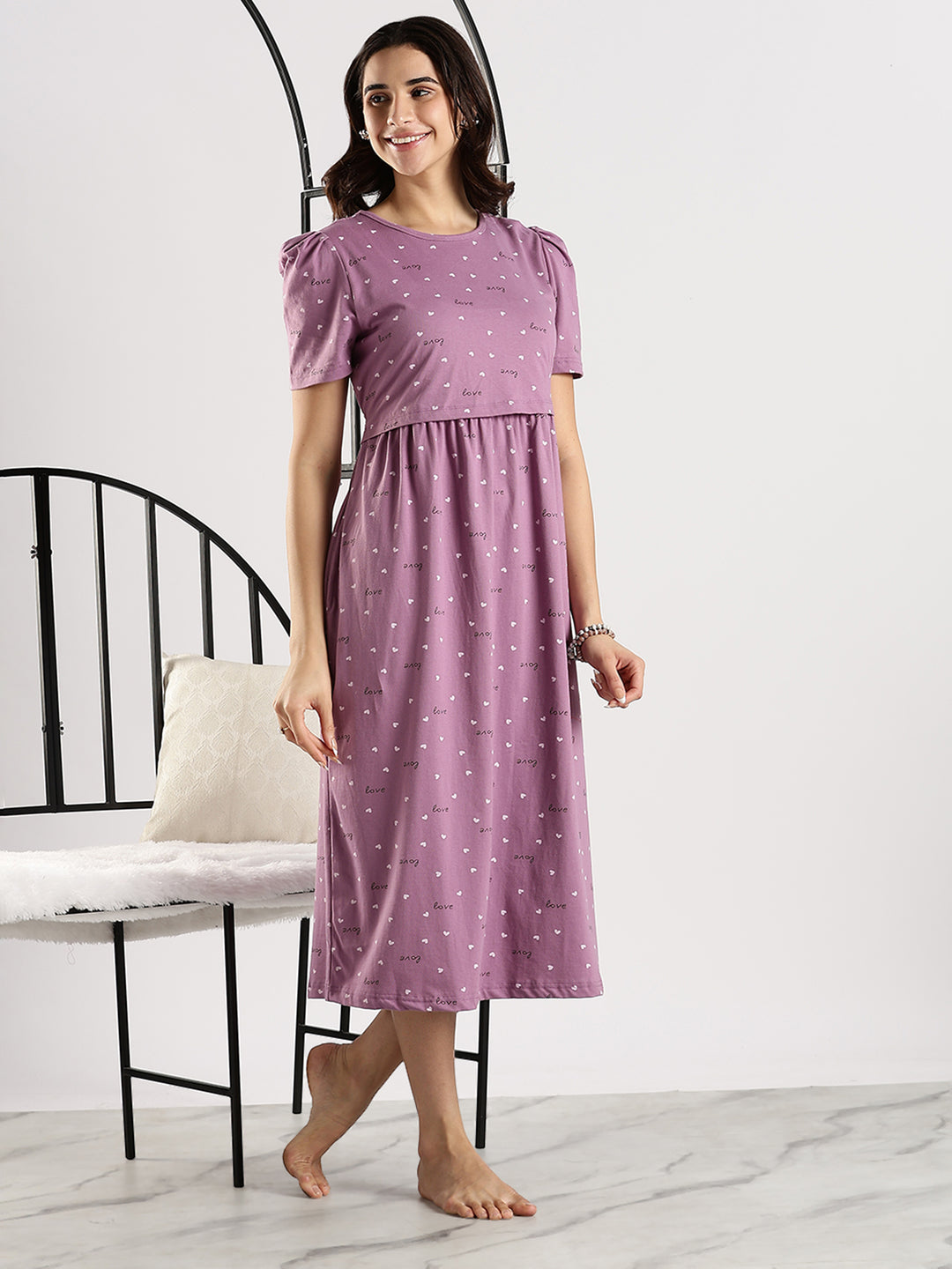 Lavender Hearts Feeding Maternity Nighty dress