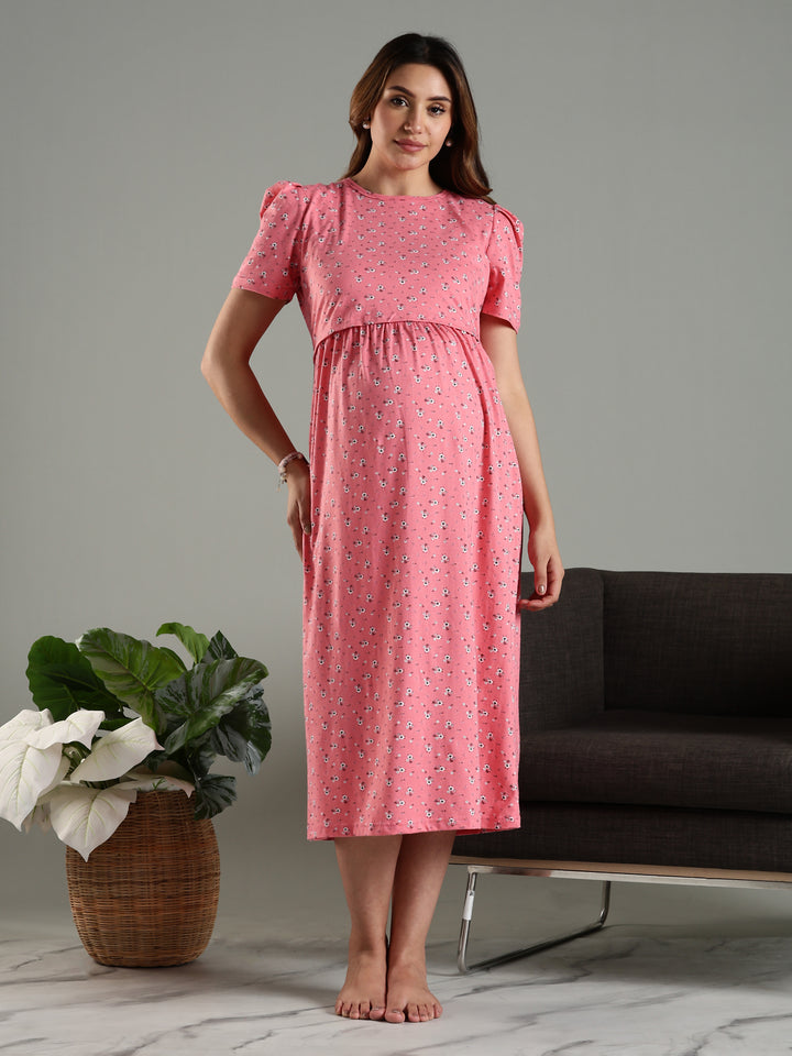 Cozy And Stylish Zipless Pink Feeding Nighty for Women