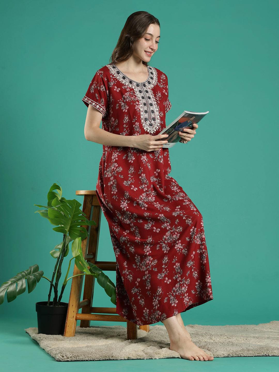 A-line perfect fit rust floral alpine nighty for women