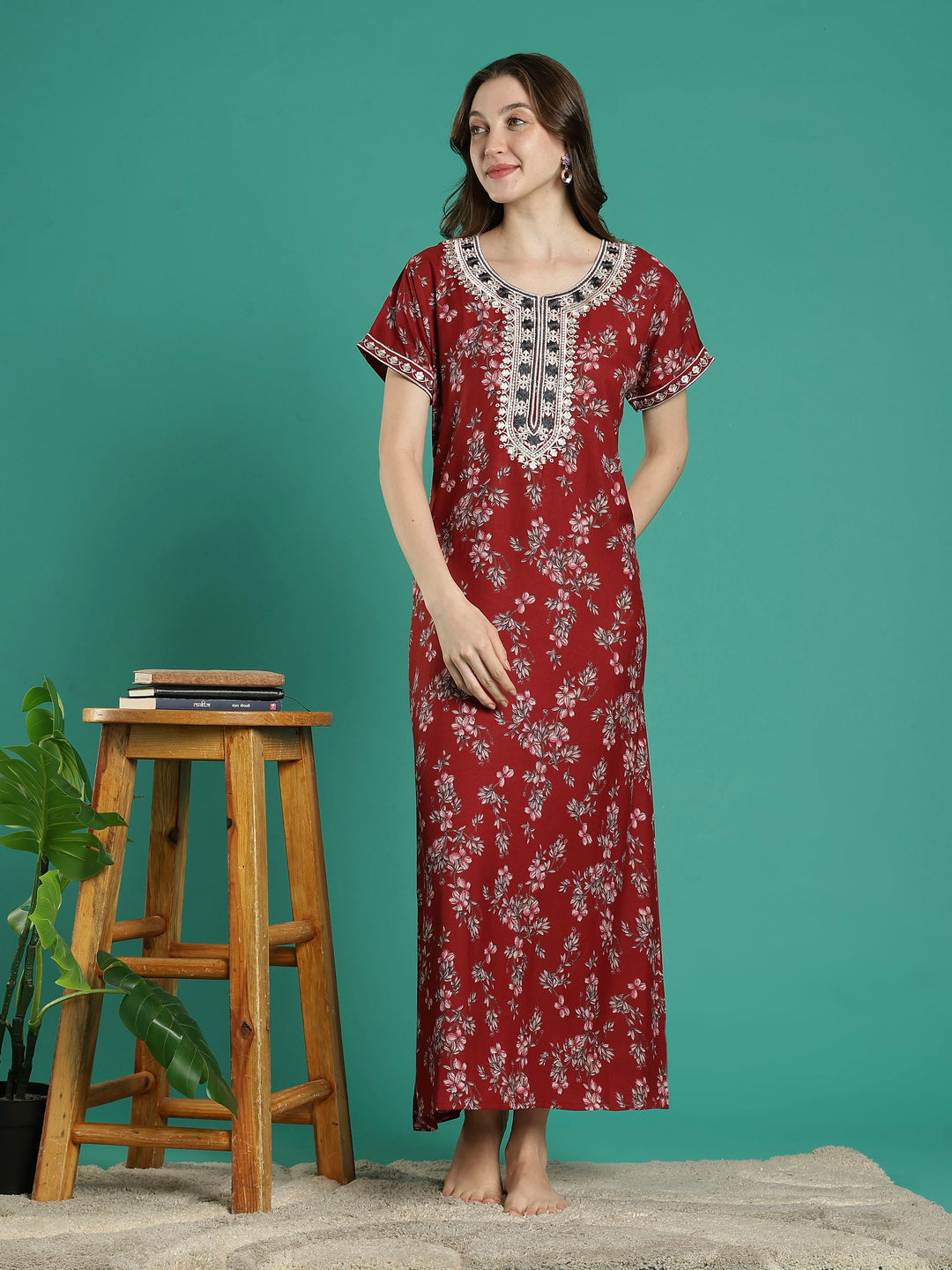 A-line perfect fit rust floral alpine nighty for women