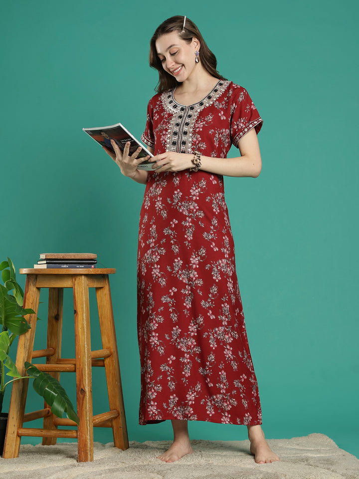A-line perfect fit rust floral alpine nighty for women