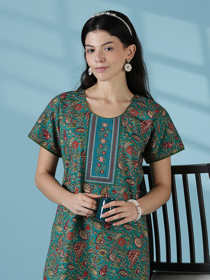 Teal a-line floral 100% pure cotton nightwear for women