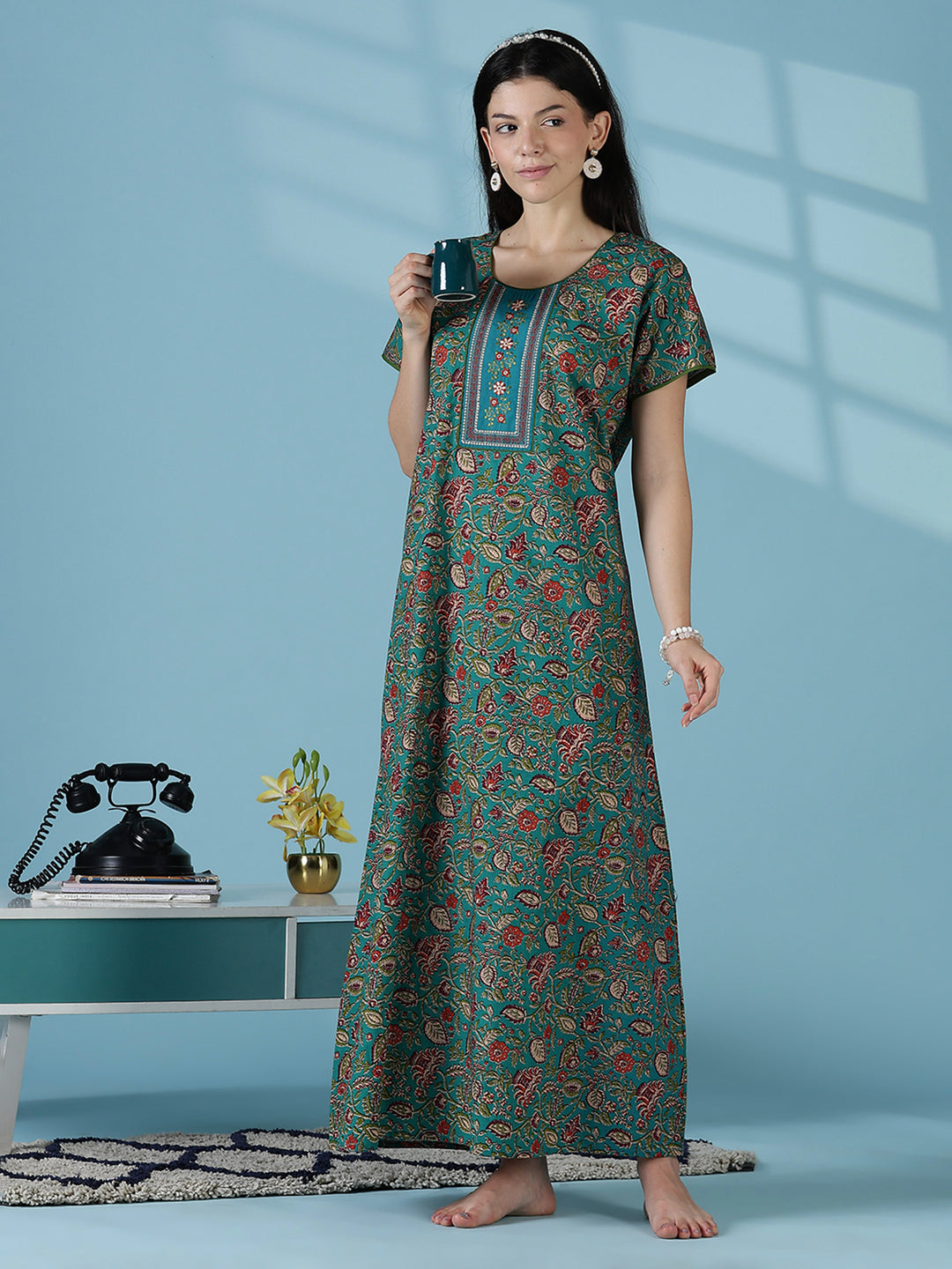 Teal a-line floral 100% pure cotton nightwear for women