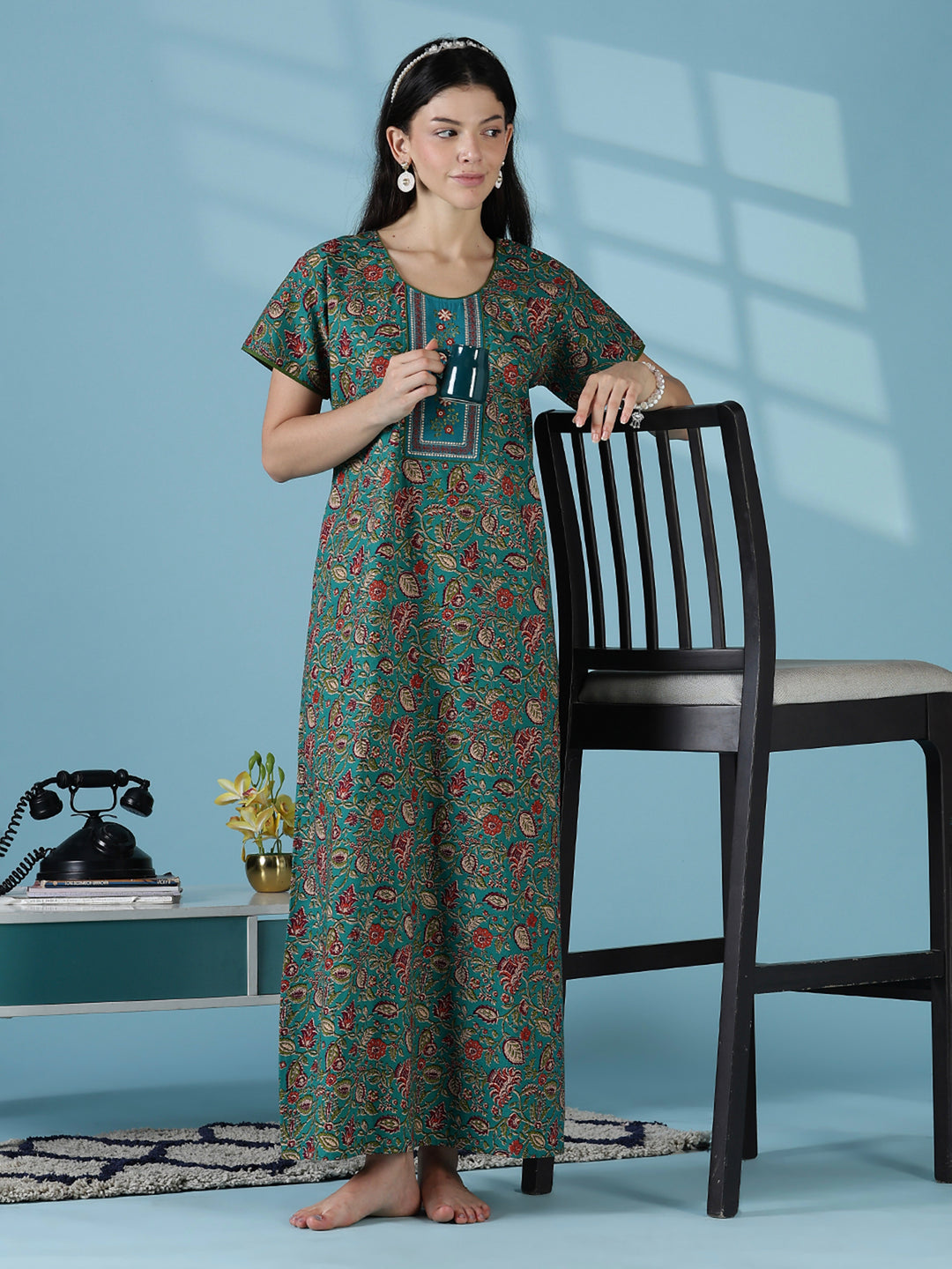Teal a-line floral 100% pure cotton nightwear for women