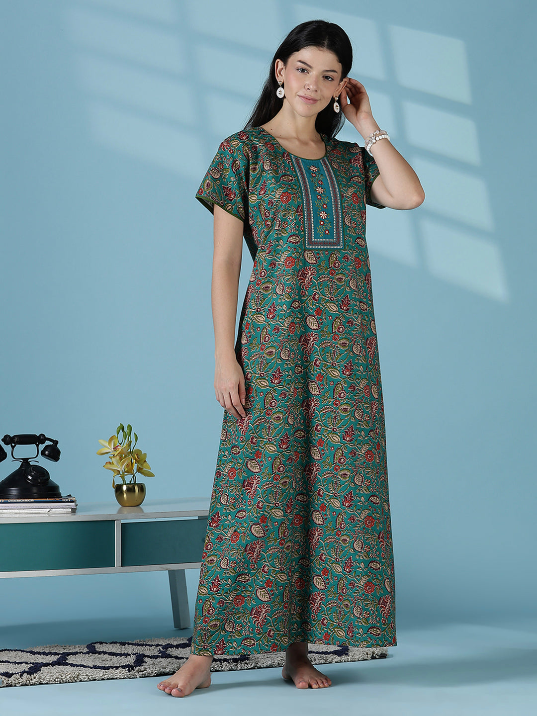 Teal a-line floral 100% pure cotton nightwear for women