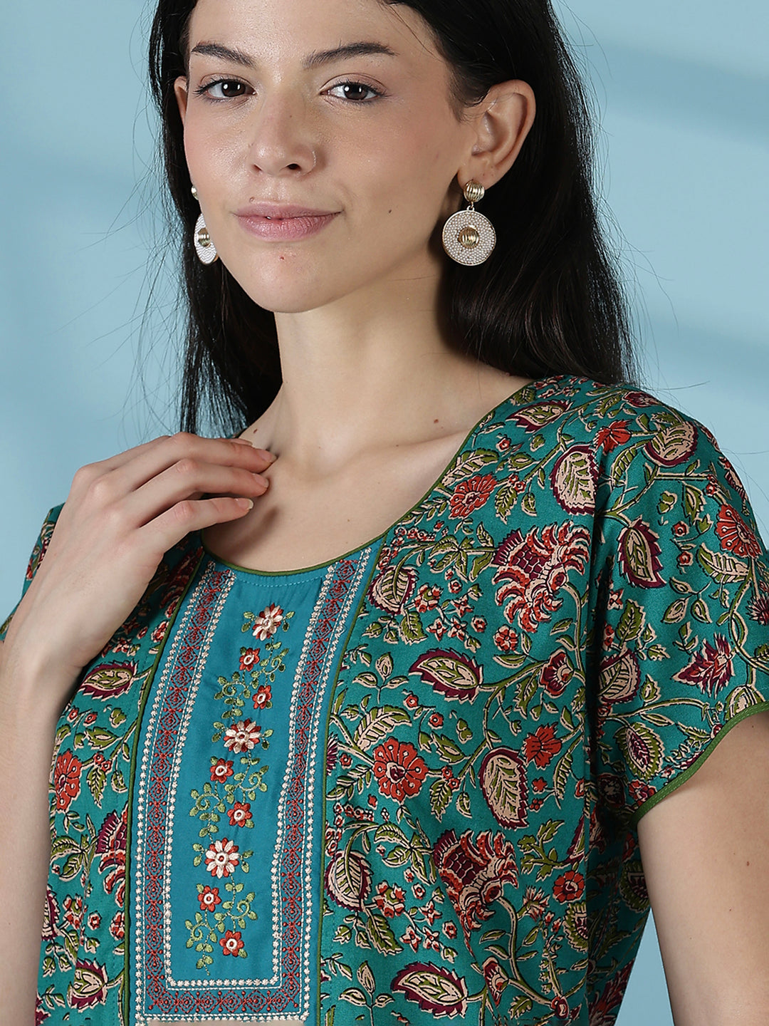 Teal a-line floral 100% pure cotton nightwear for women