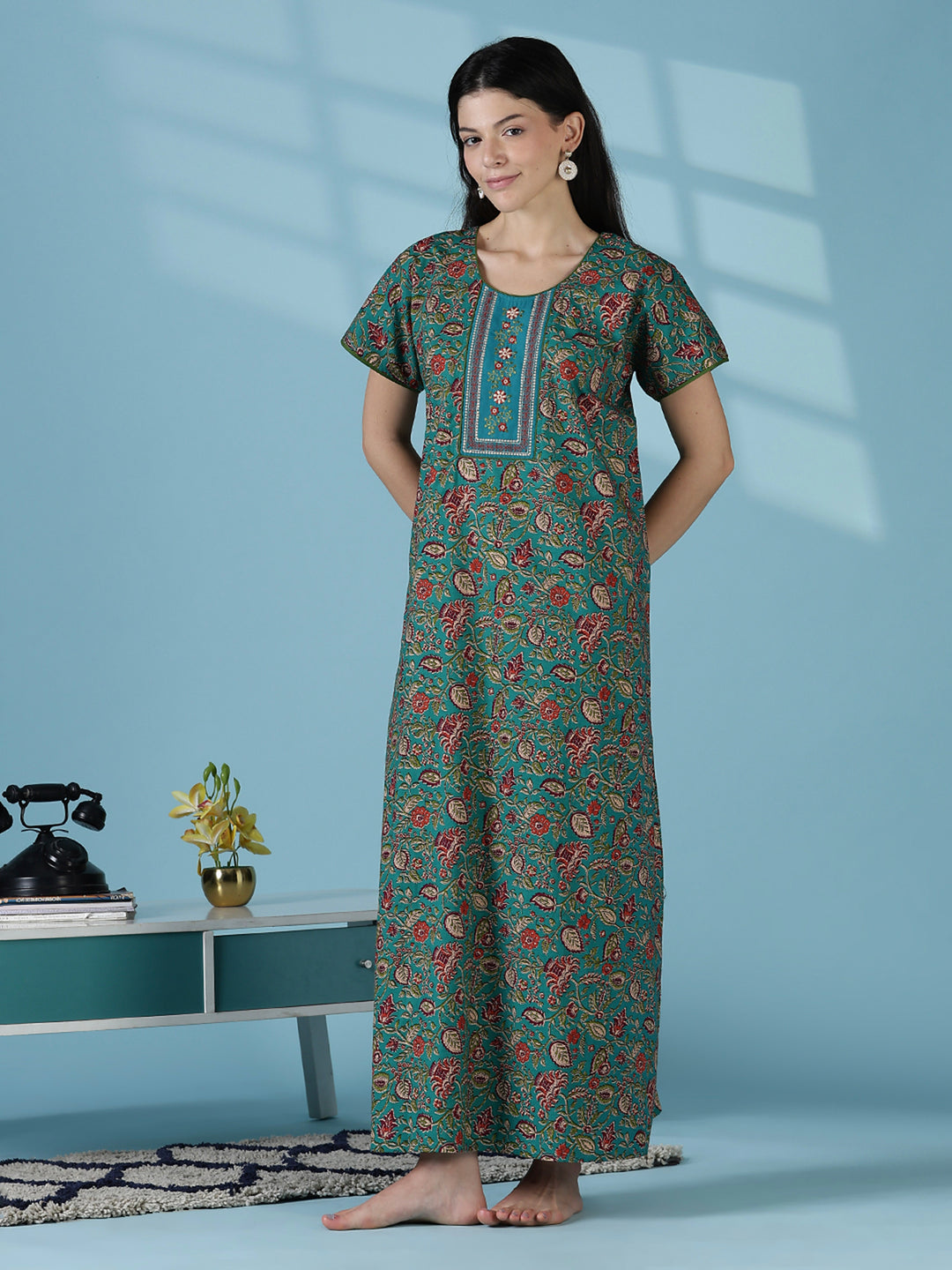 Teal a-line floral 100% pure cotton nightwear for women