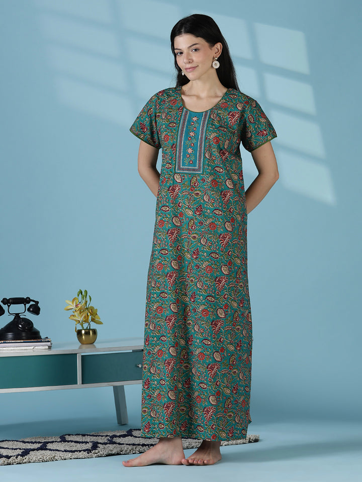 Teal a-line floral 100% pure cotton nightwear for women