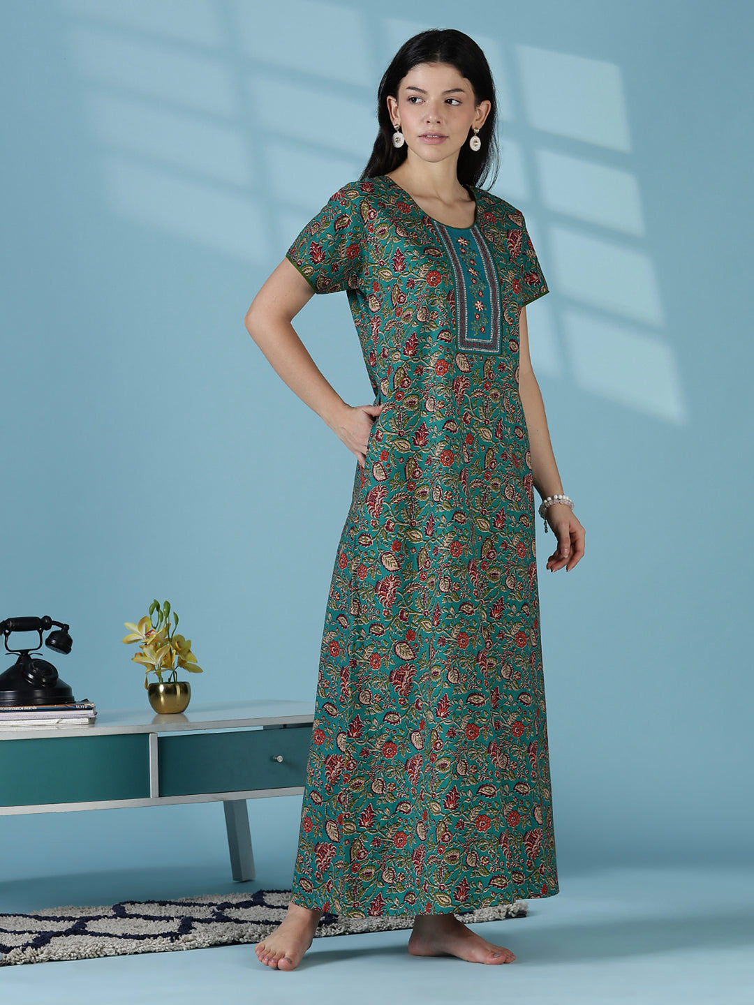 Teal a-line floral 100% pure cotton nightwear for women