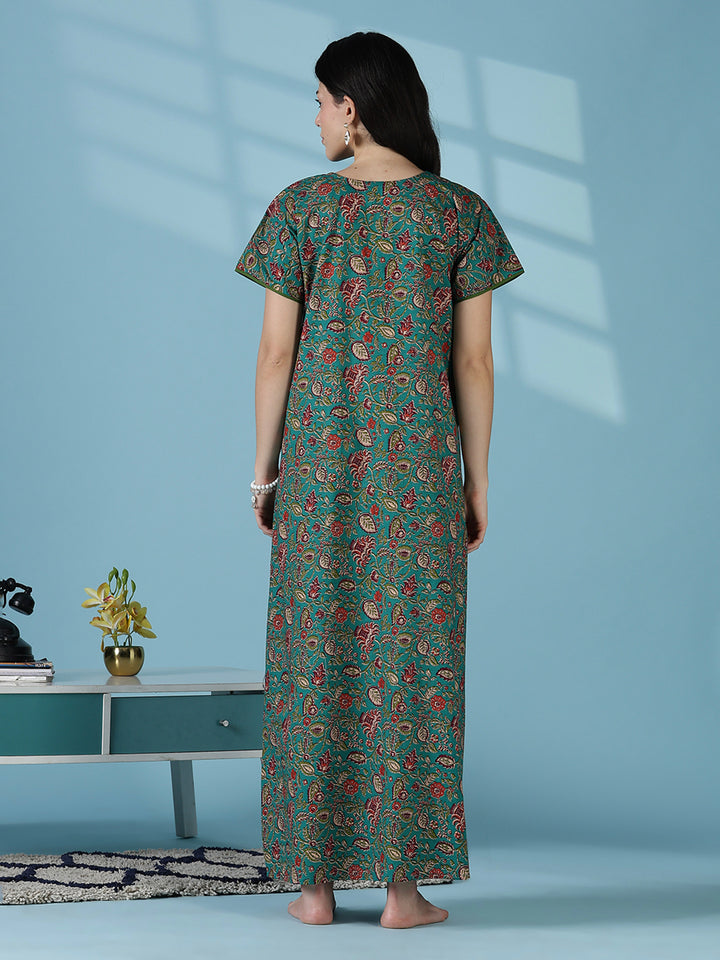 Teal a-line floral 100% pure cotton nightwear for women