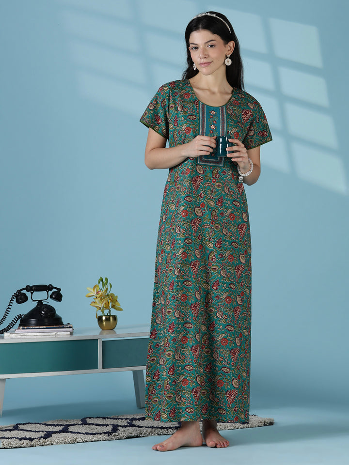 Teal a-line floral 100% pure cotton nightwear for women