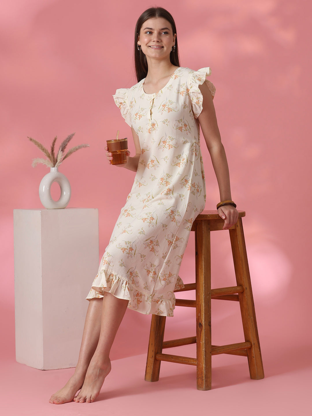 Dreamy yellow floral A line nightdress for women online