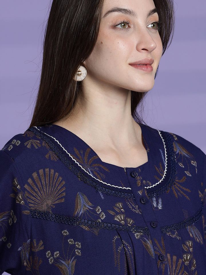 Emerald Blue Alpine Floral Full Sleeves Nighty For Women