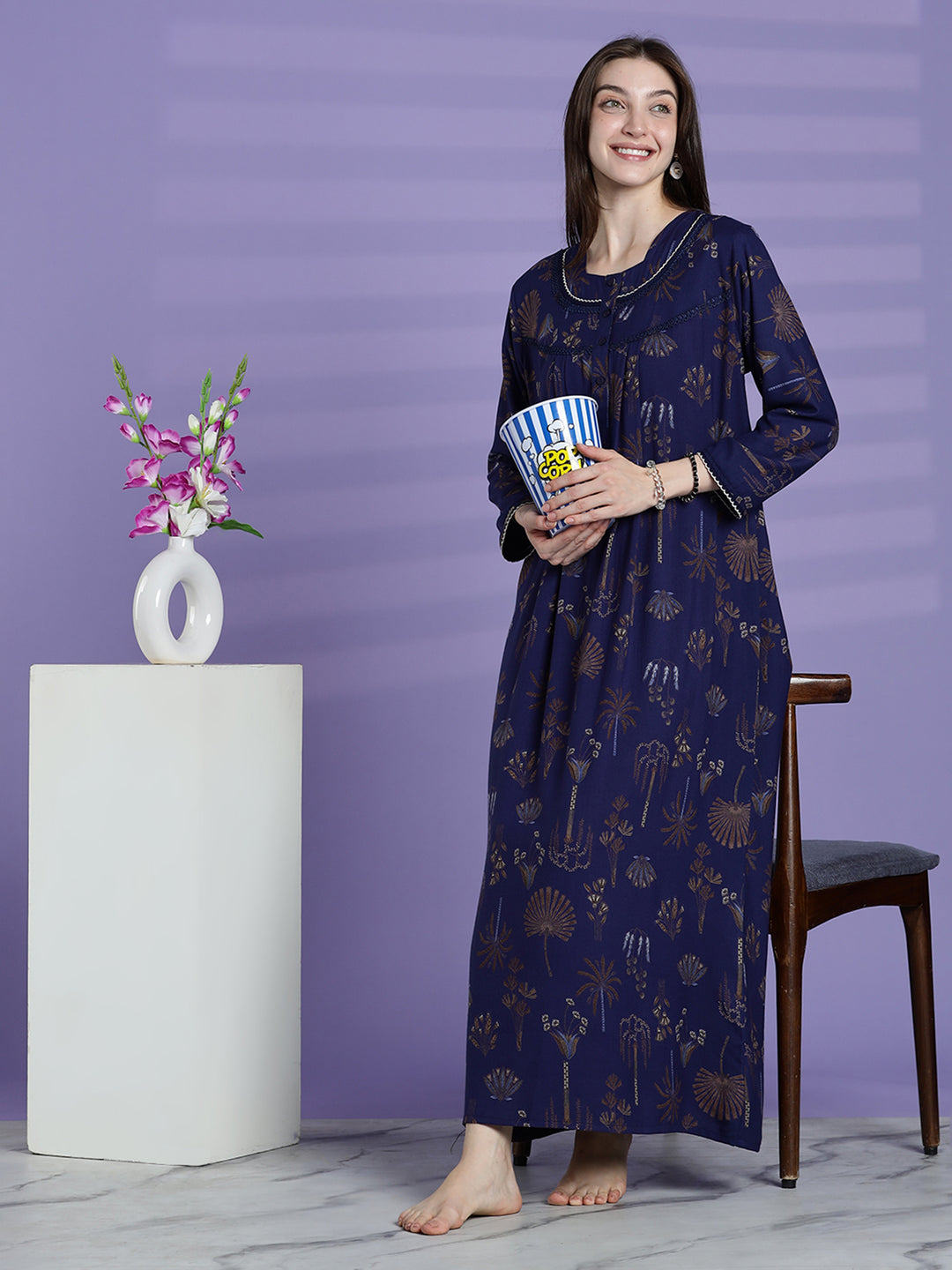 Emerald Blue Alpine Floral Full Sleeves Nighty For Women