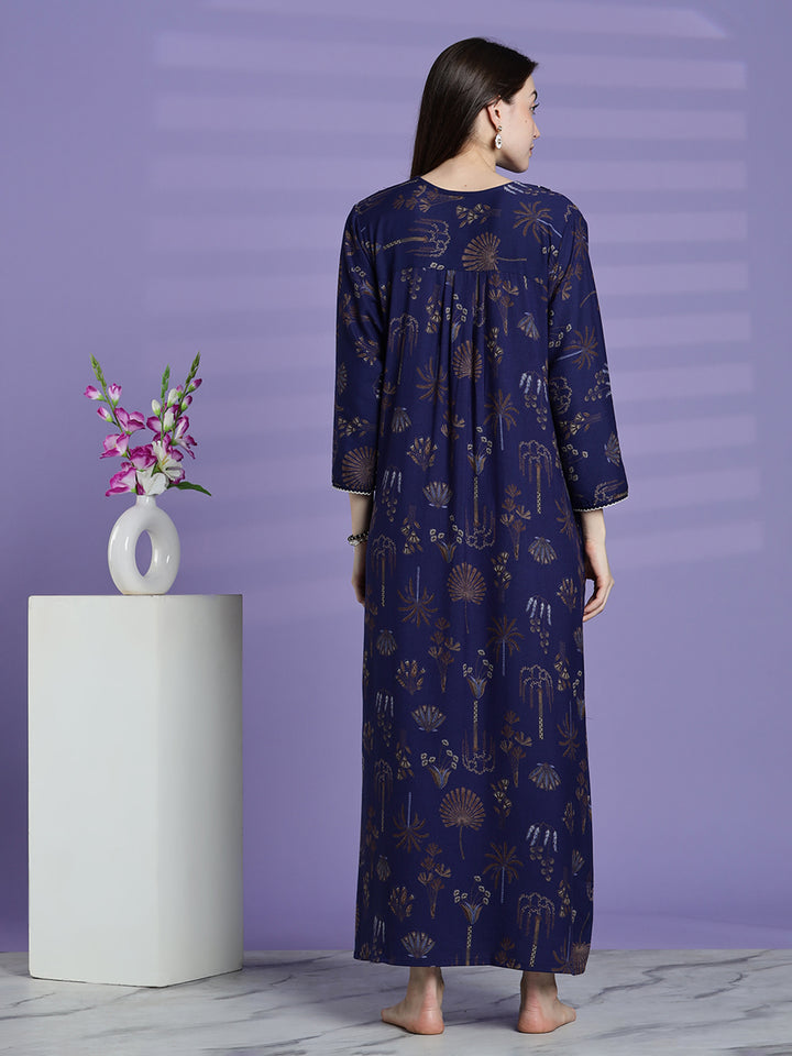 Emerald Blue Alpine Floral Full Sleeves Nighty For Women