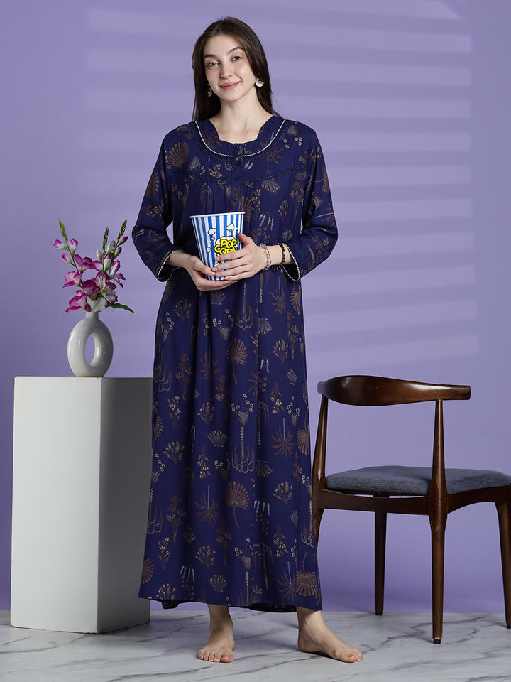 Emerald Blue Alpine Floral Full Sleeves Nighty For Women