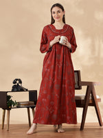 Alpine Floral Print Full Sleeves Designer Nighty Emerald Rust