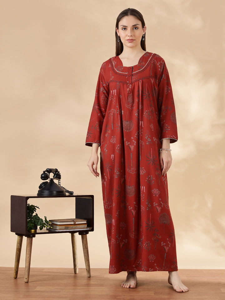 Alpine Floral Rust Color Cozy Nighty Dress For Women