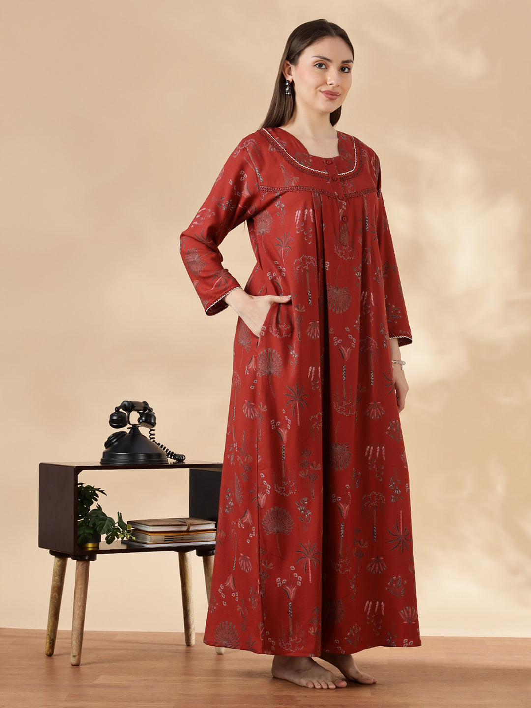Alpine Floral Rust Color Cozy Nighty Dress For Women