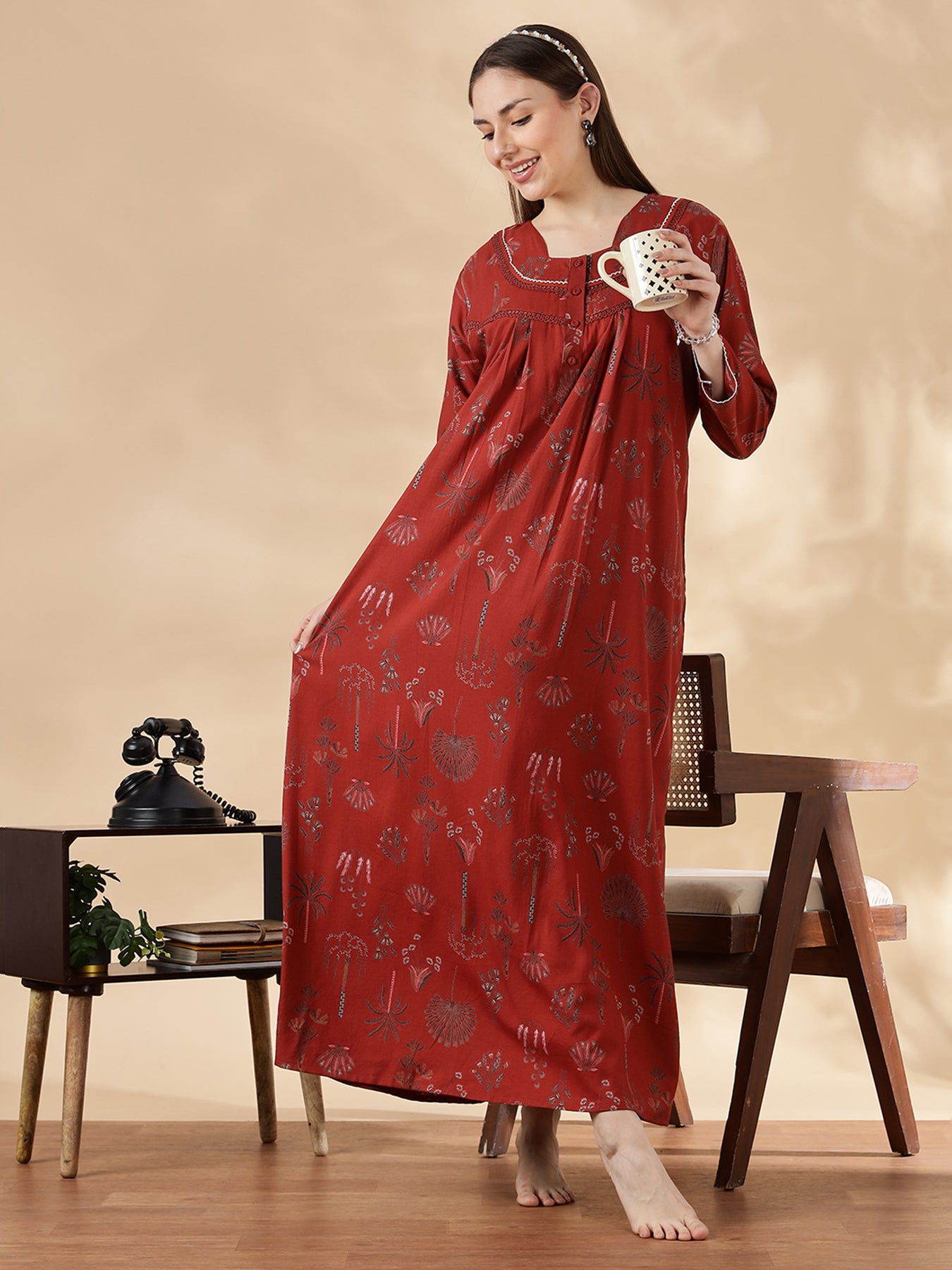 Buy Alpine Floral Rust Color Cozy Nighty Dress For Women – 9shines label