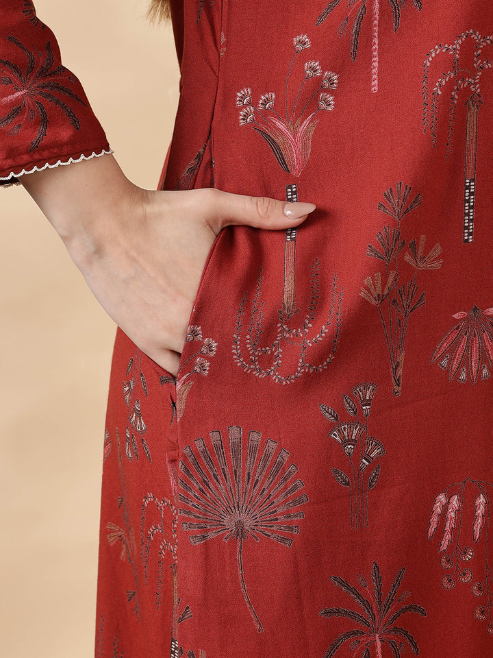 Alpine Floral Rust Color Cozy Nighty Dress For Women