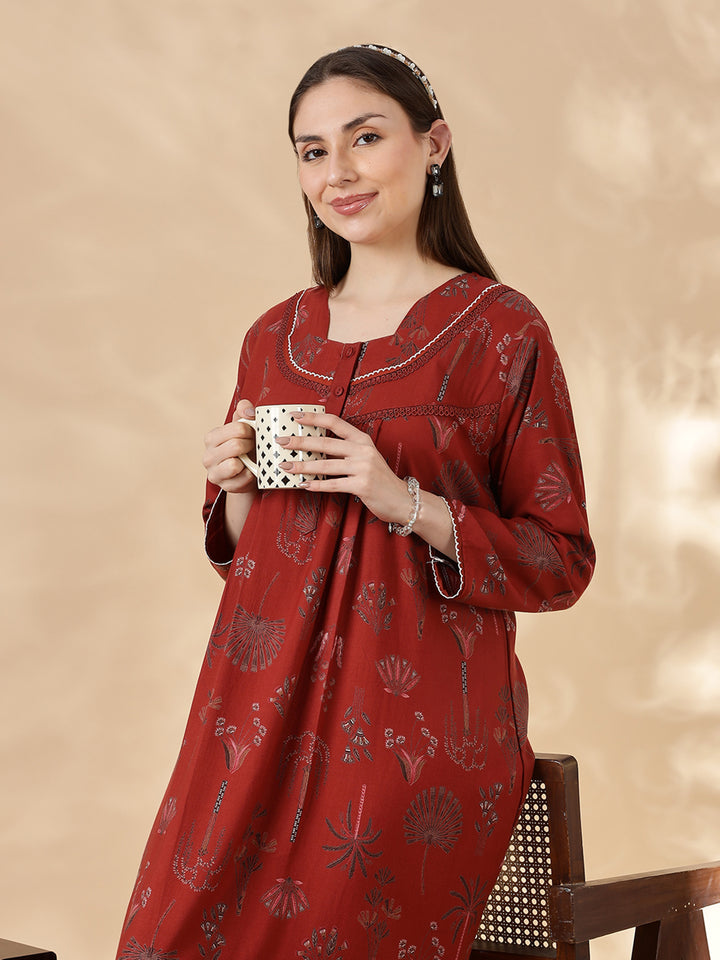Alpine Floral Rust Color Cozy Nighty Dress For Women